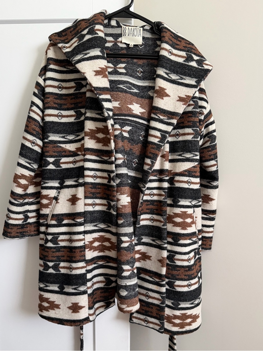 BB Dakota Hooded Aztec Knit Cardigan in Brown, Black, Cream